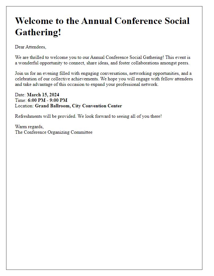 Letter template of welcome note for conference social gathering