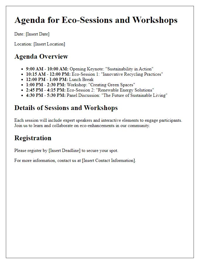 Letter template of agenda highlighting eco-sessions and workshops.