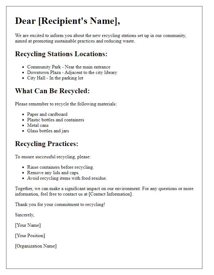 Letter template of informing about recycling stations and practices.