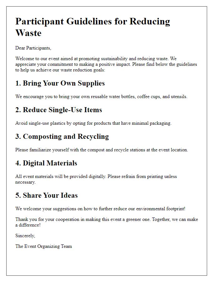 Letter template of participant guidelines for reducing waste.