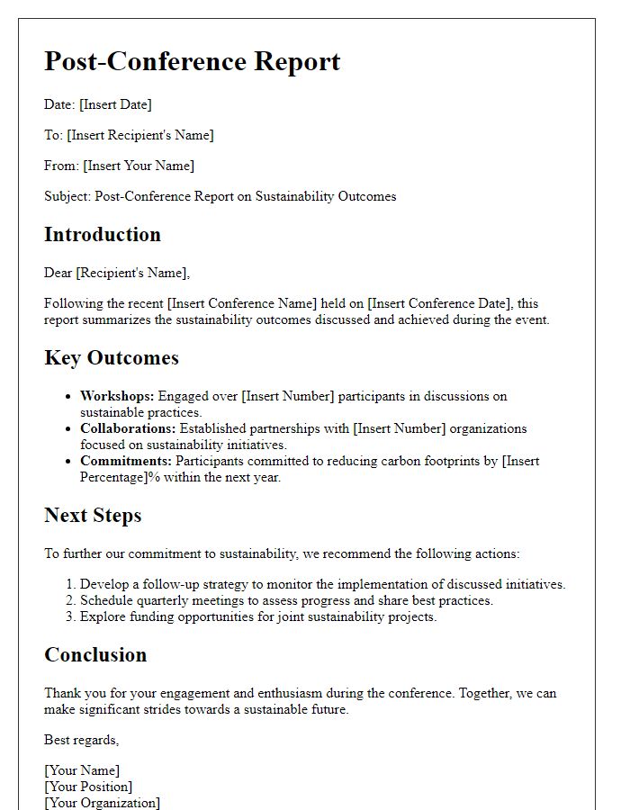 Letter template of post-conference report on sustainability outcomes.