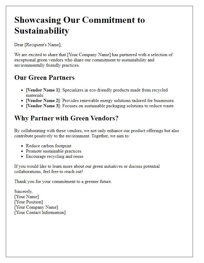 Letter template of showcasing green vendors and partnerships.