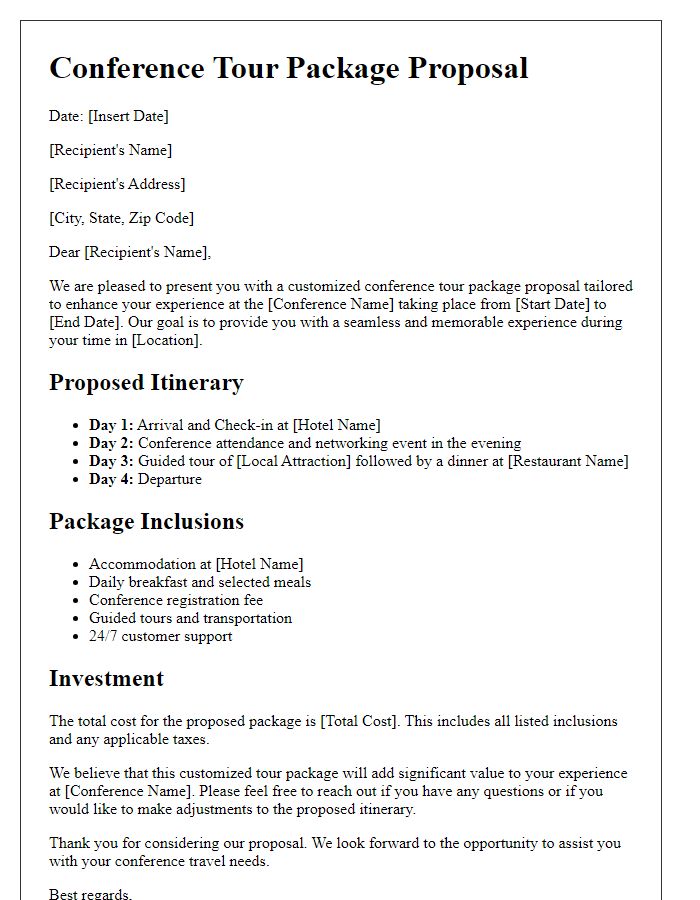 Letter template of customized conference tour package proposal