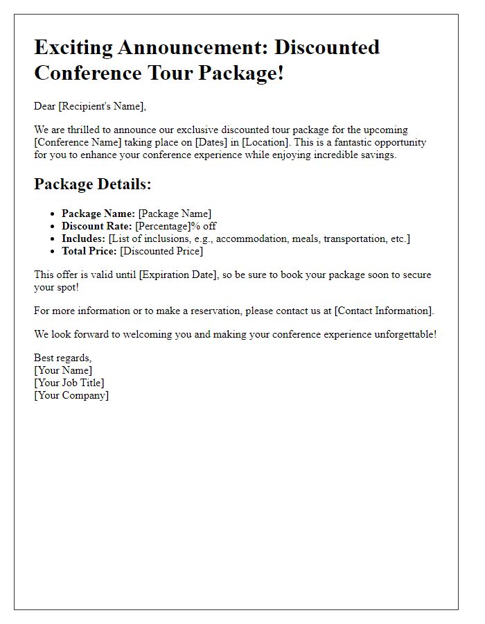 Letter template of discounted conference tour package announcement