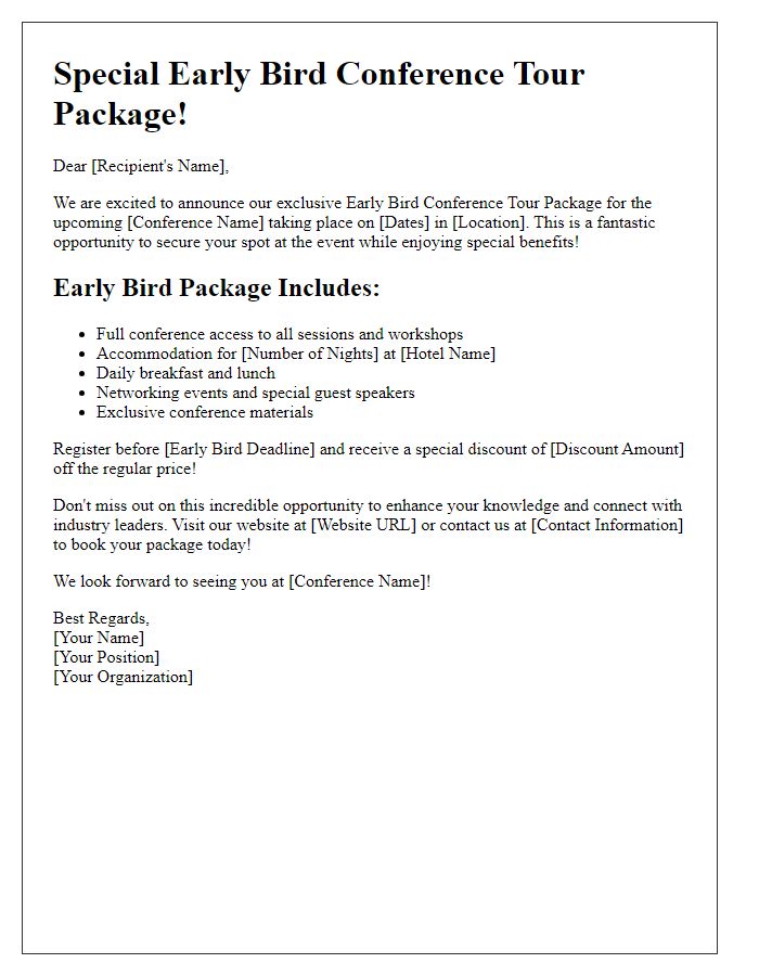 Letter template of early bird conference tour package offer