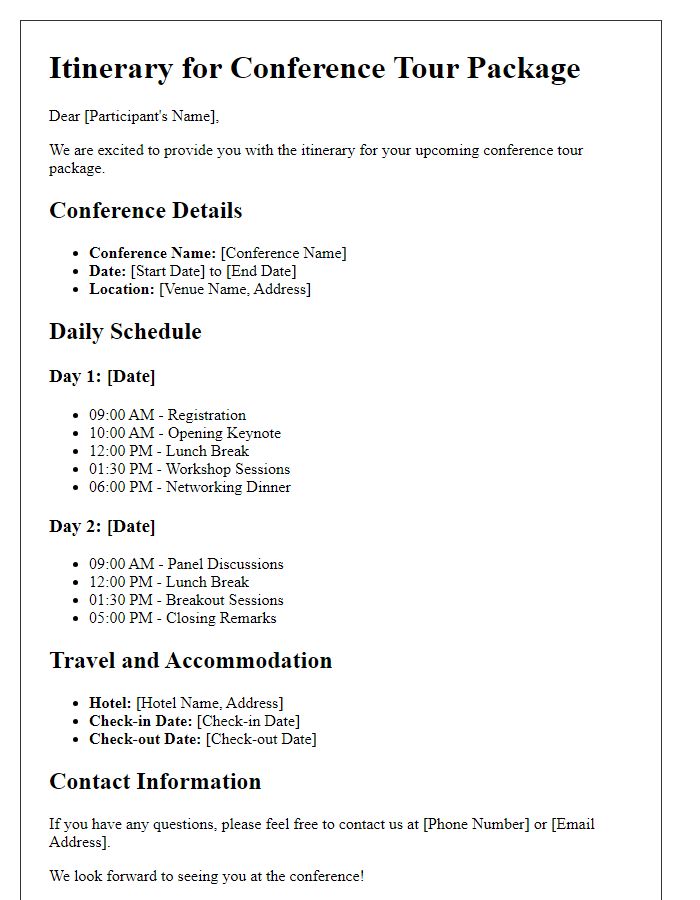 Letter template of itinerary for conference tour package