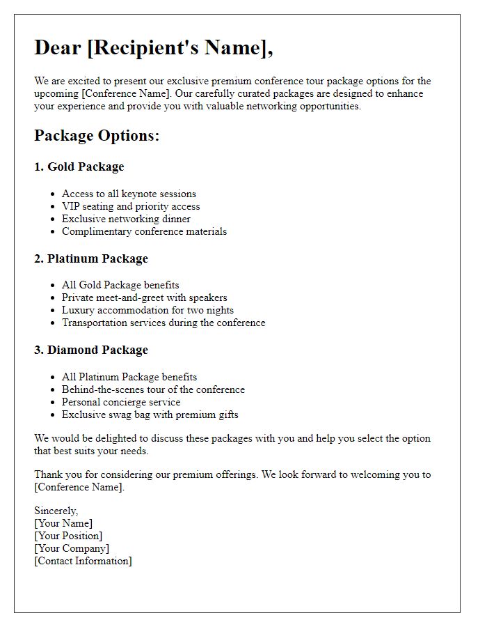 Letter template of premium conference tour package options