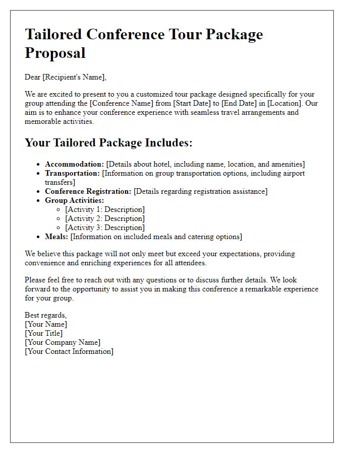 Letter template of tailored conference tour package for groups