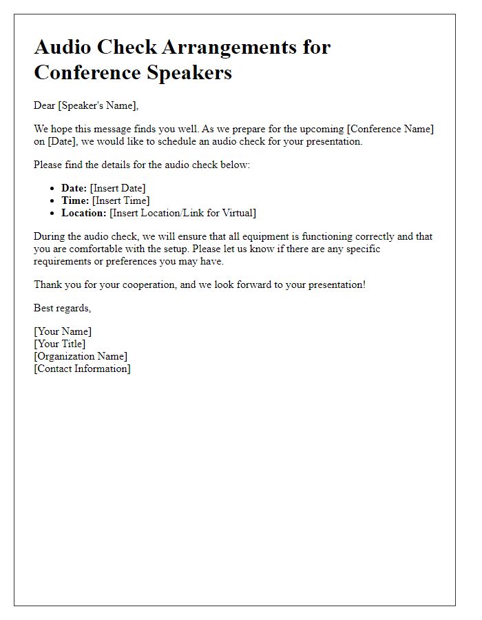 Letter template of audio check arrangements for conference speakers