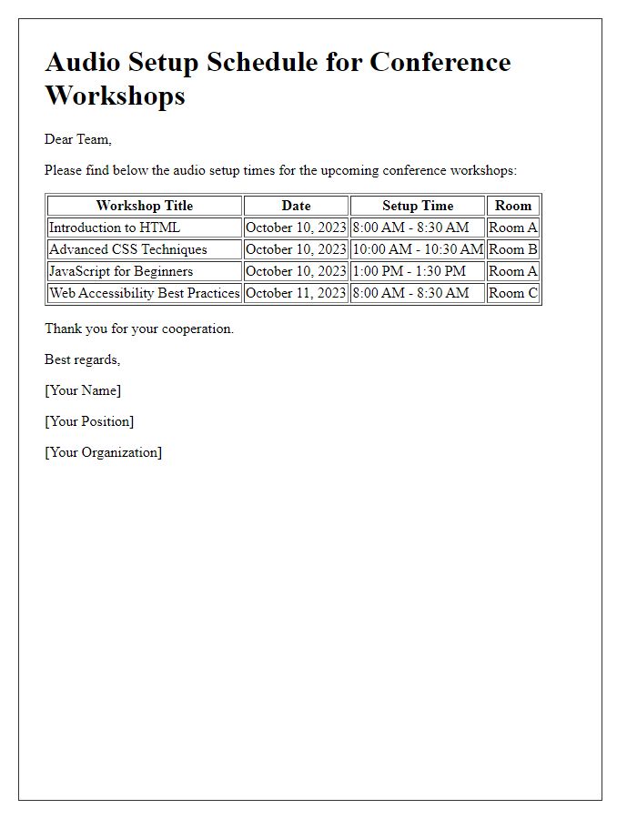 Letter template of audio setup times for conference workshops