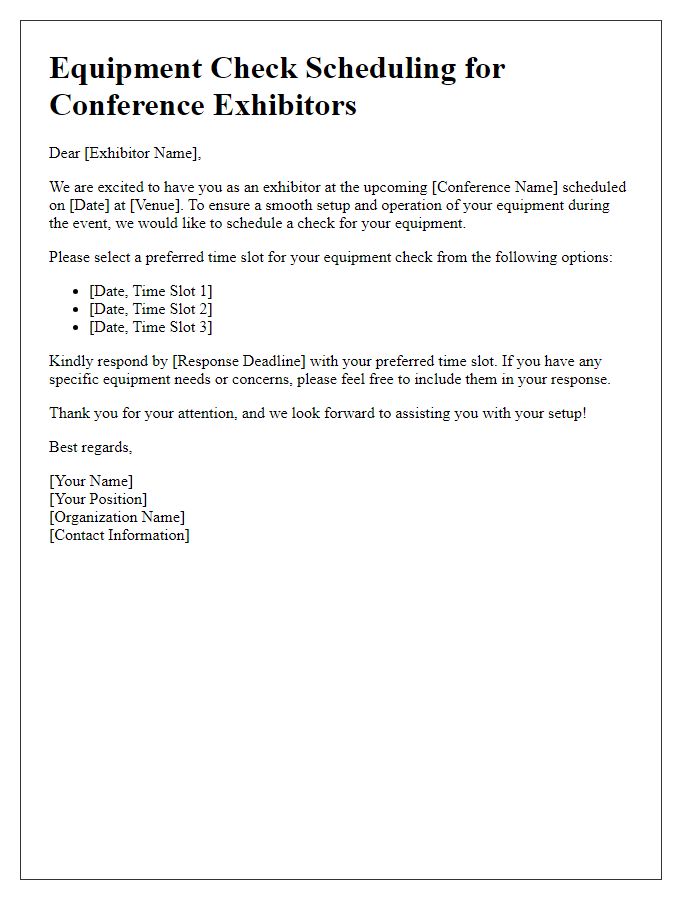 Letter template of equipment check scheduling for conference exhibitors