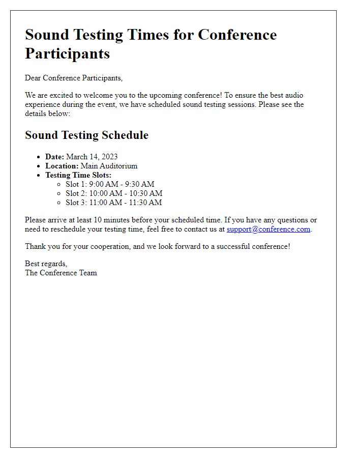 Letter template of sound testing times for conference participants