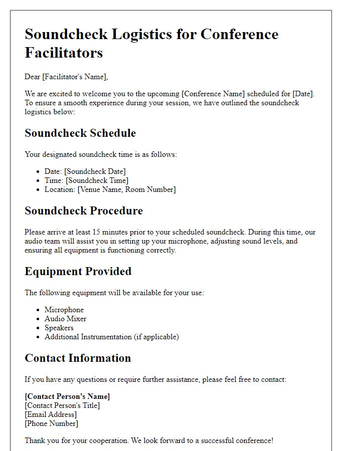 Letter template of soundcheck logistics for conference facilitators