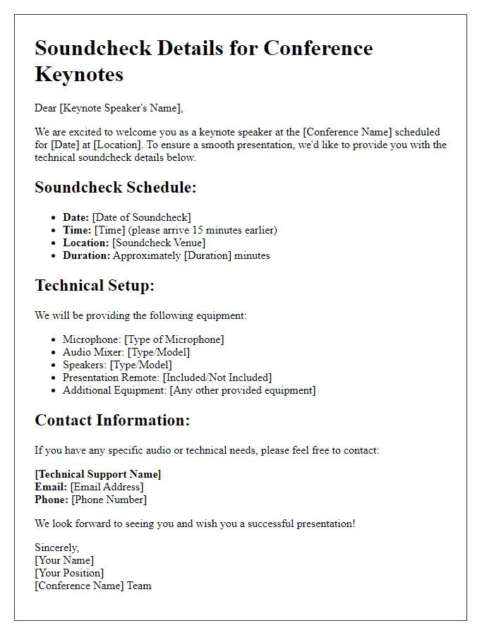 Letter template of technical soundcheck details for conference keynotes