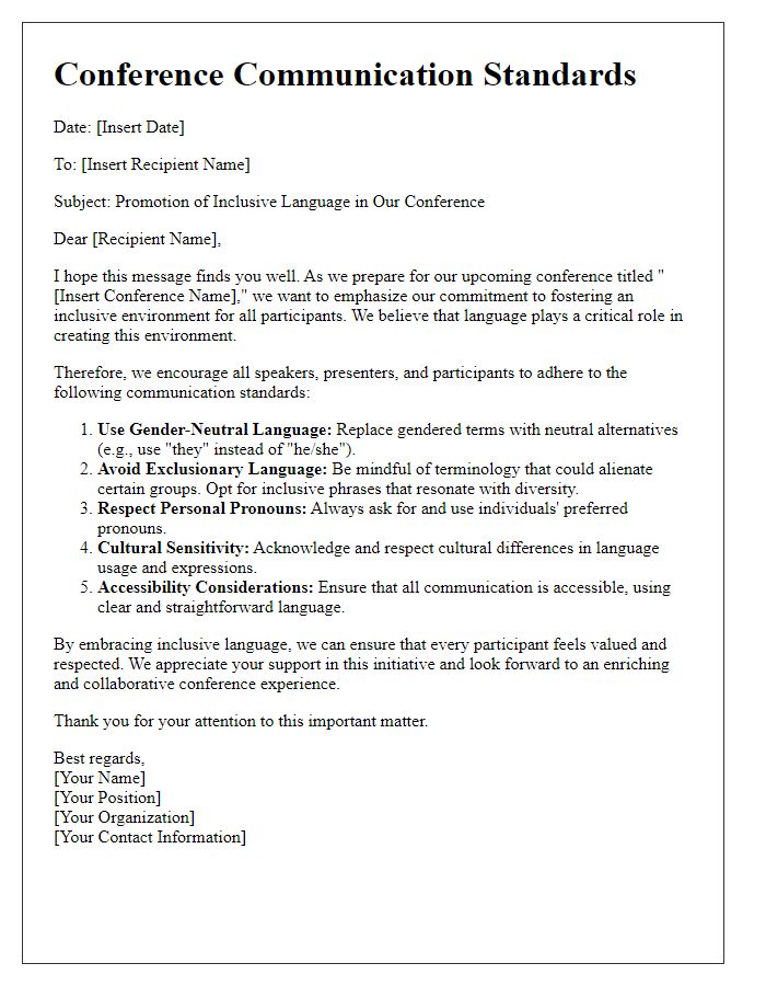 Letter template of conference communication standards promoting inclusive language.