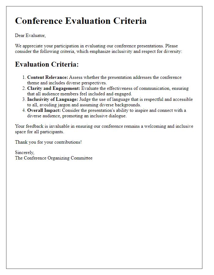 Letter template of conference evaluation criteria integrating inclusive language practices.