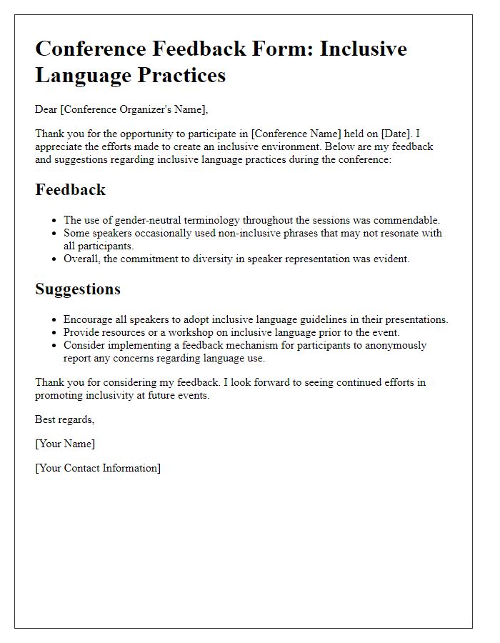 Letter template of conference feedback forms addressing inclusive language practices.