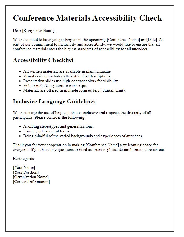 Letter template of conference materials accessibility check emphasizing inclusive language.