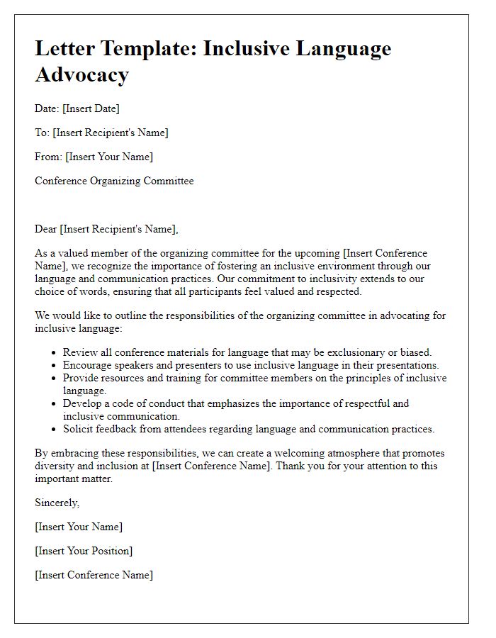 Letter template of conference organizing committee responsibilities towards inclusive language advocacy.