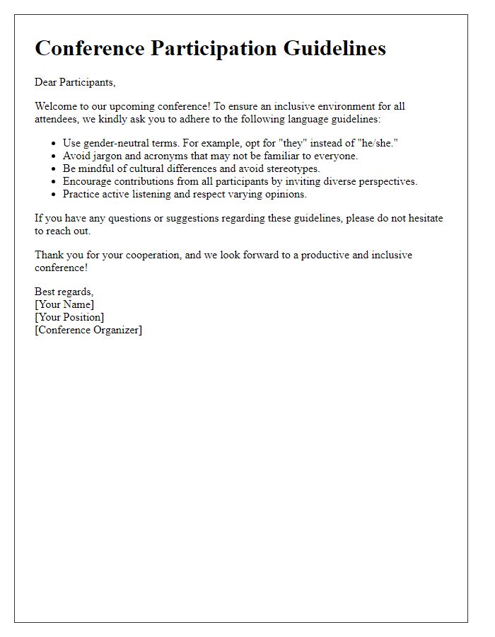 Letter template of conference participation guidelines for inclusive language.