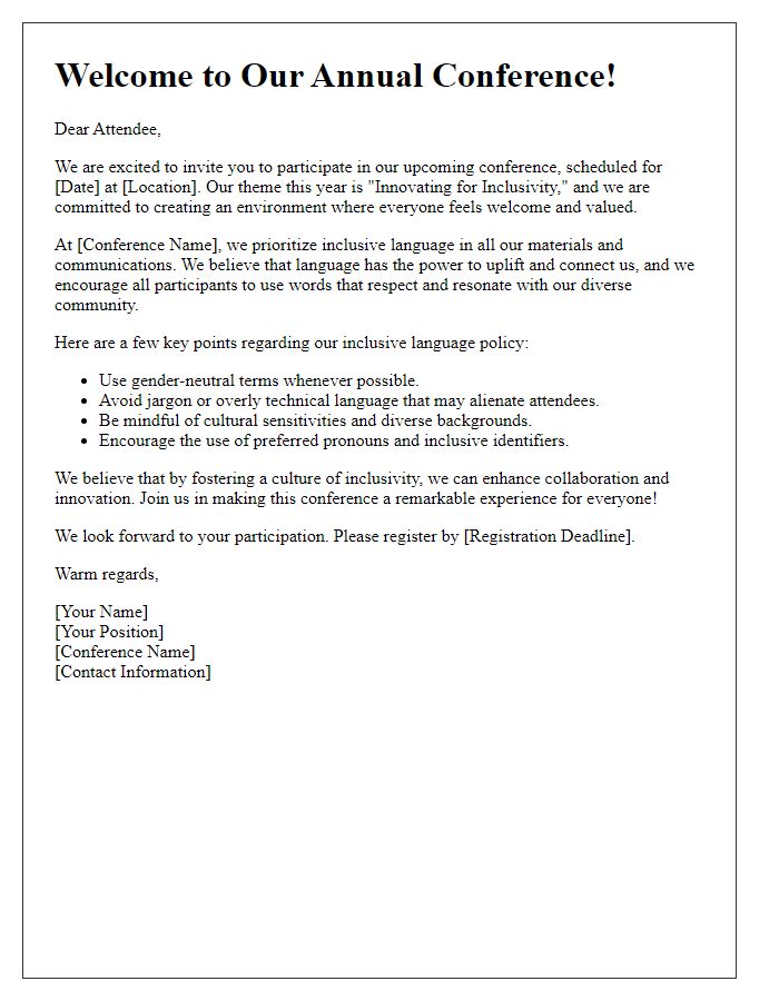 Letter template of conference promotional materials emphasizing inclusive language policy.