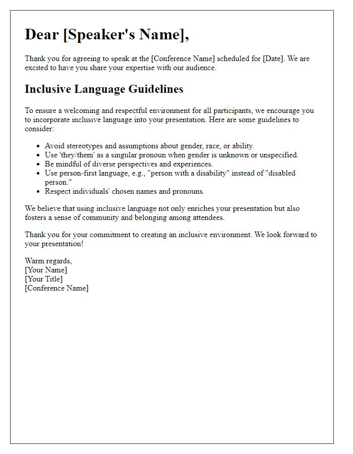 Letter template of conference speaker instructions regarding inclusive language use.