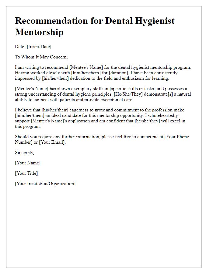 Letter template of dental hygienist mentorship recommendation