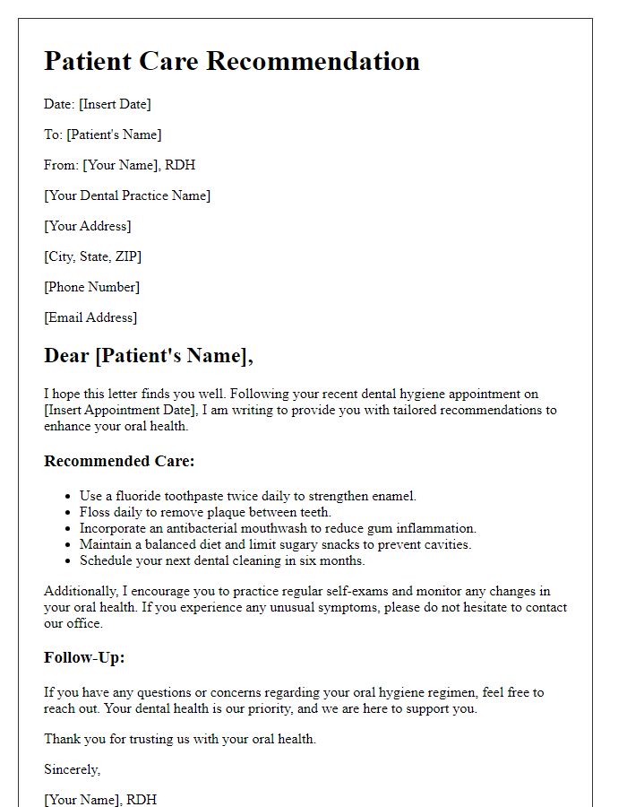 Letter template of dental hygienist patient care recommendation