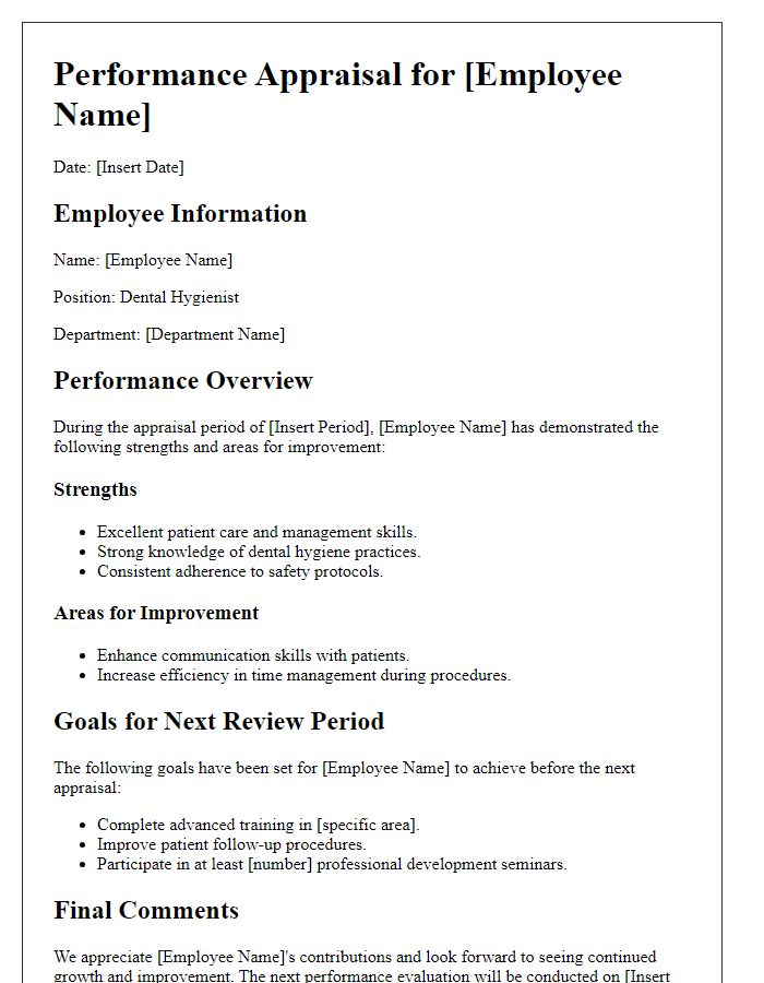 Letter template of dental hygienist performance appraisal