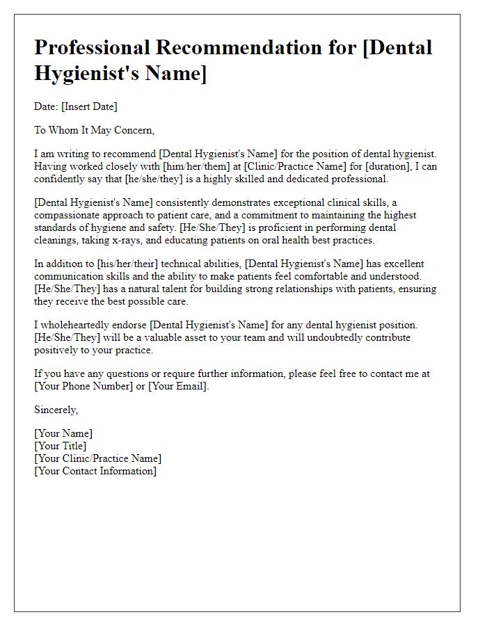 Letter template of dental hygienist professional recommendation