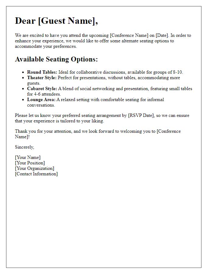 Letter template of alternate seating options for conference guests.
