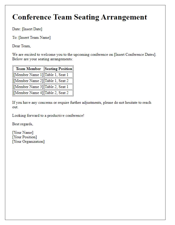 Letter template of group seating arrangements for conference teams.