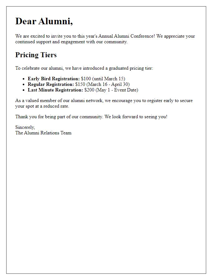 Letter template of conference graduated pricing tier for alumni attendees.