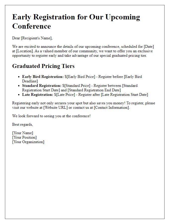 Letter template of conference graduated pricing tier for early registrants.