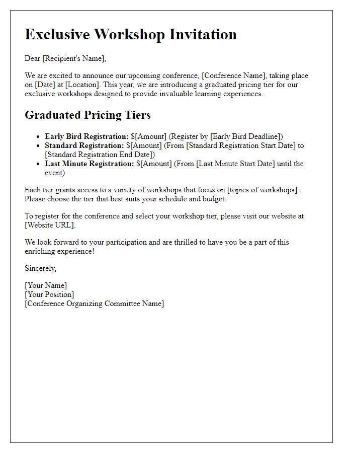 Letter template of conference graduated pricing tier for exclusive workshops.