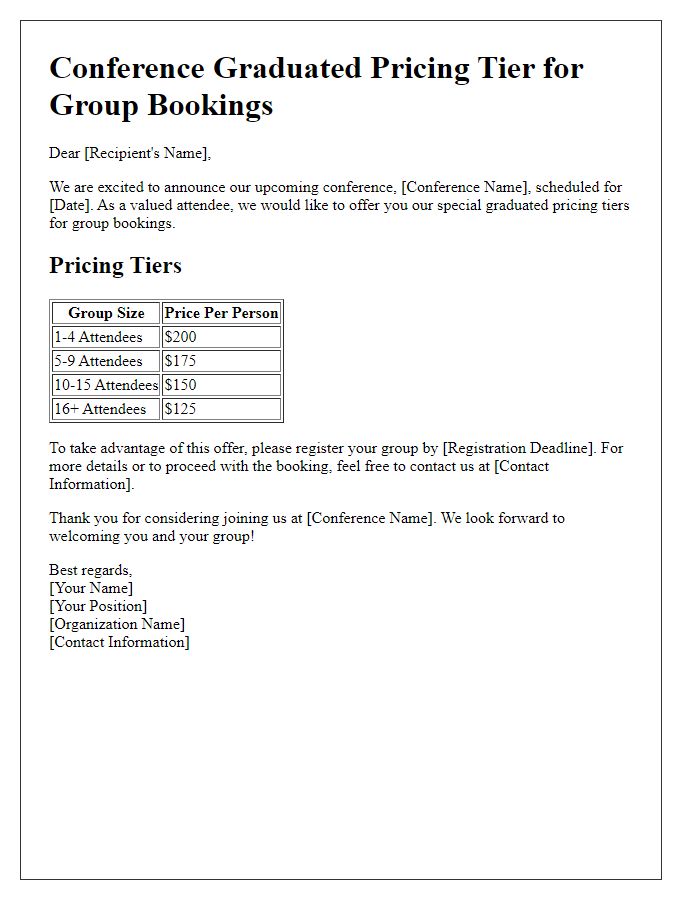 Letter template of conference graduated pricing tier for group bookings.