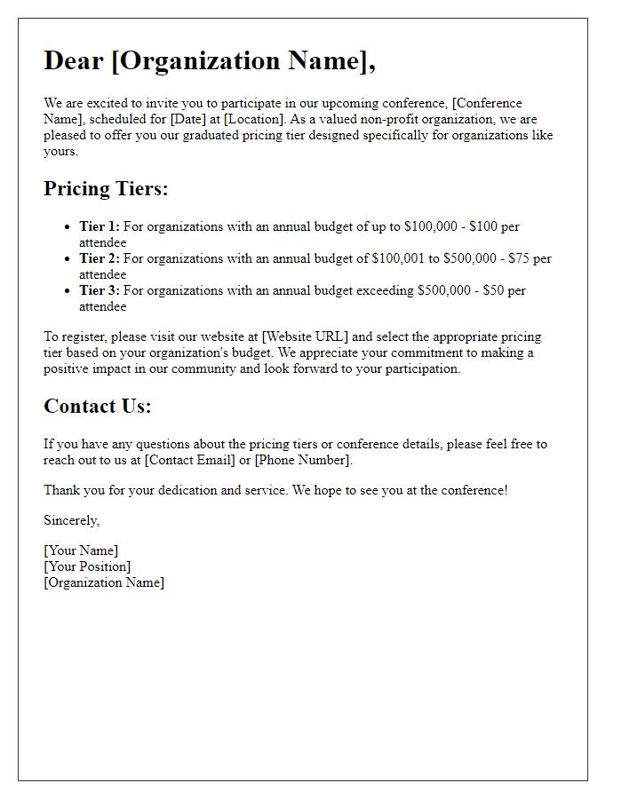 Letter template of conference graduated pricing tier for non-profit organizations.