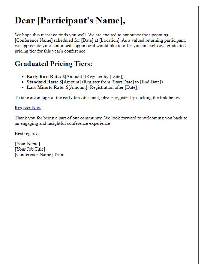 Letter template of conference graduated pricing tier for returning participants.