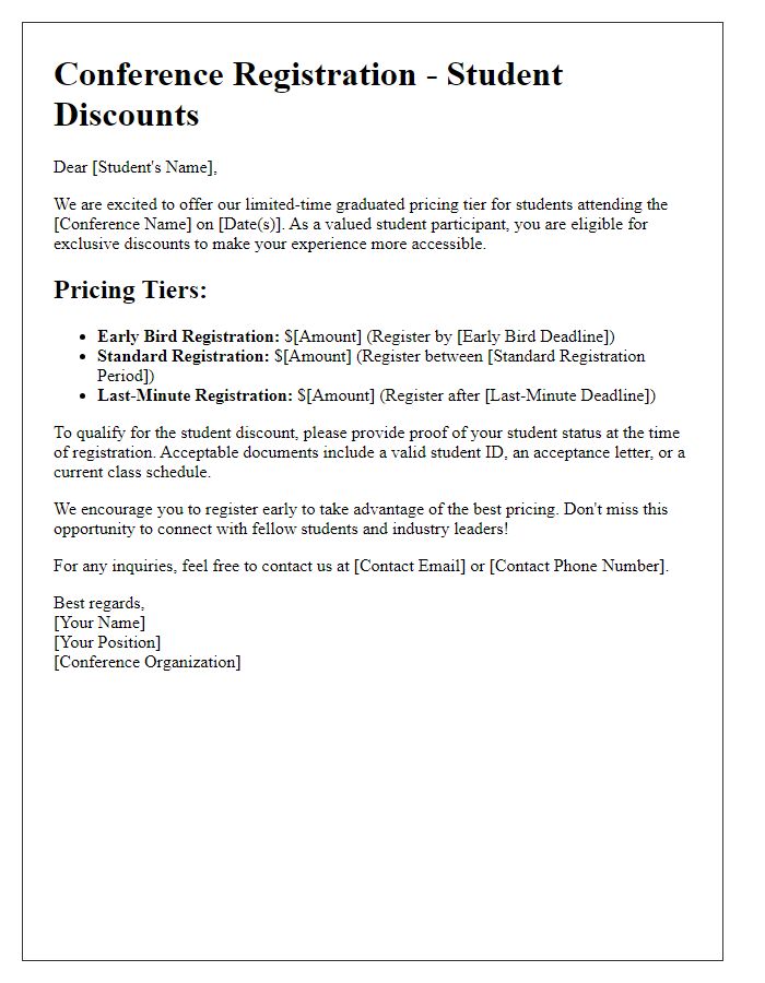 Letter template of conference graduated pricing tier for student discounts.