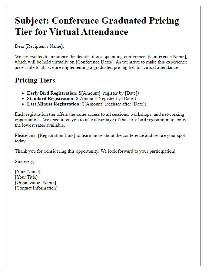 Letter template of conference graduated pricing tier for virtual attendance.