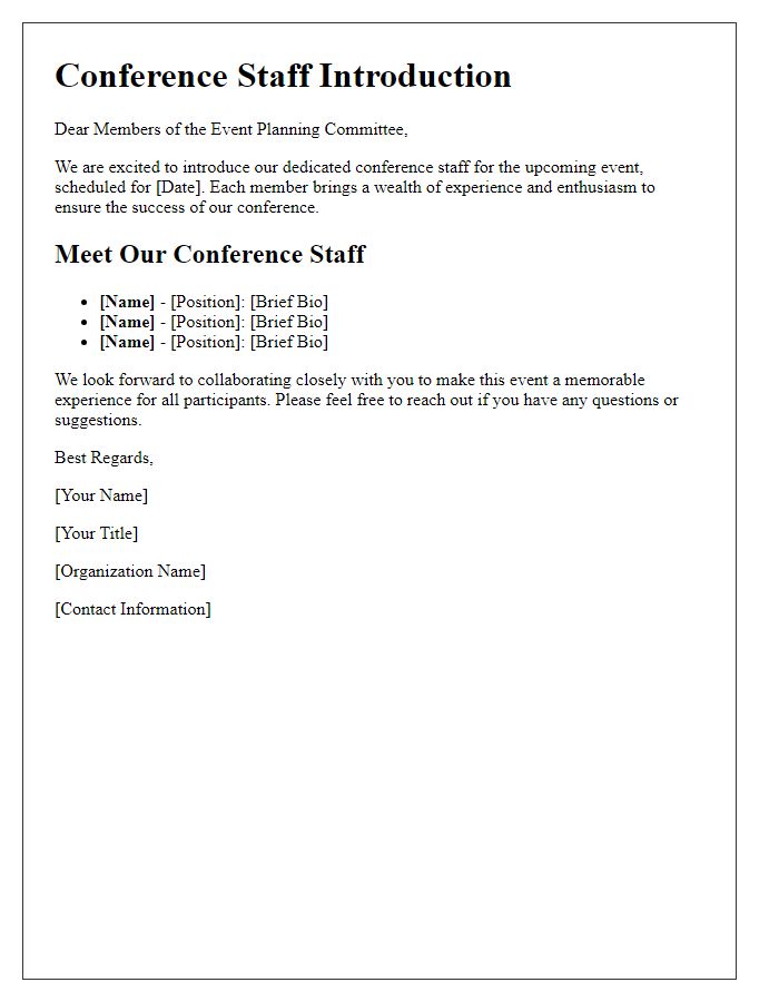 Letter template of Conference Staff Introduction for Event Planning Committee