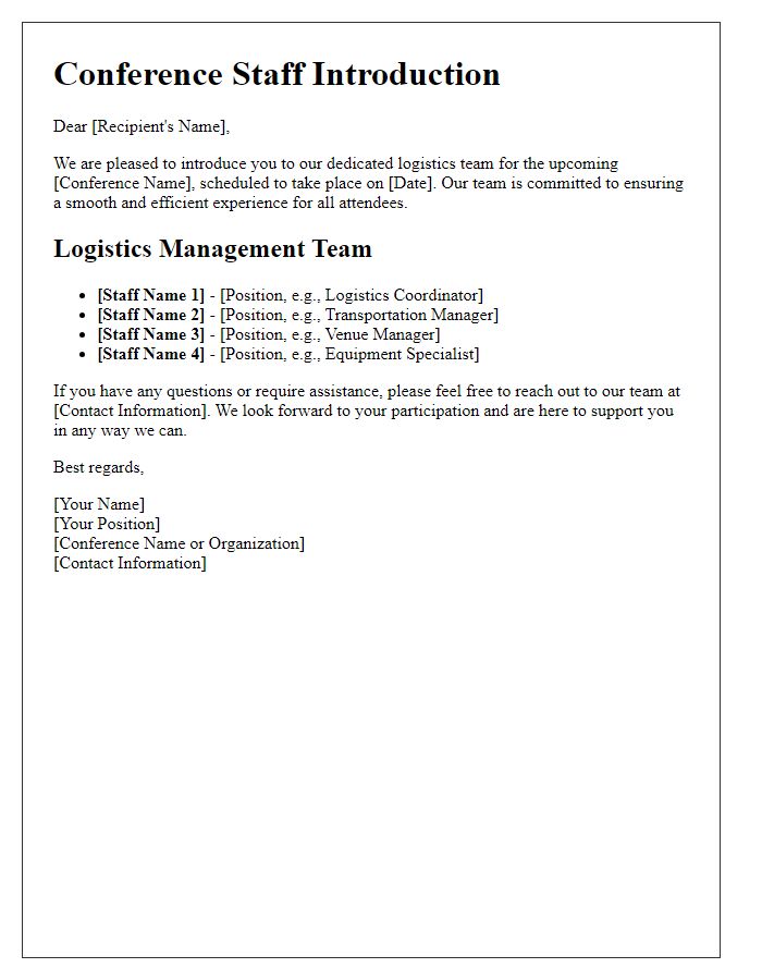 Letter template of Conference Staff Introduction for Logistics Management