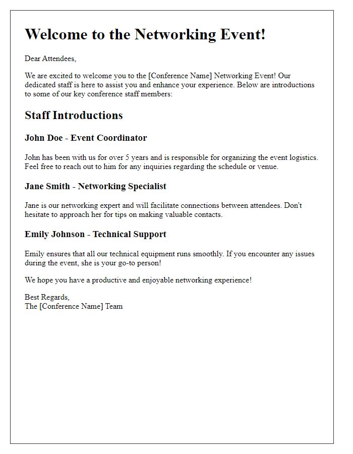 Letter template of Conference Staff Introduction for Networking Event