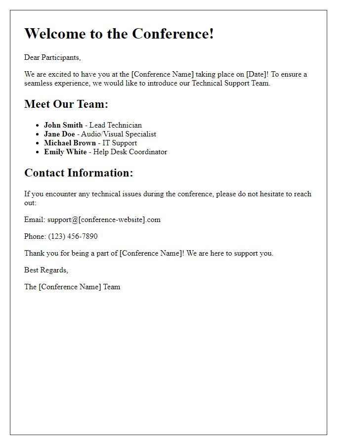 Letter template of Conference Staff Introduction for Technical Support Team