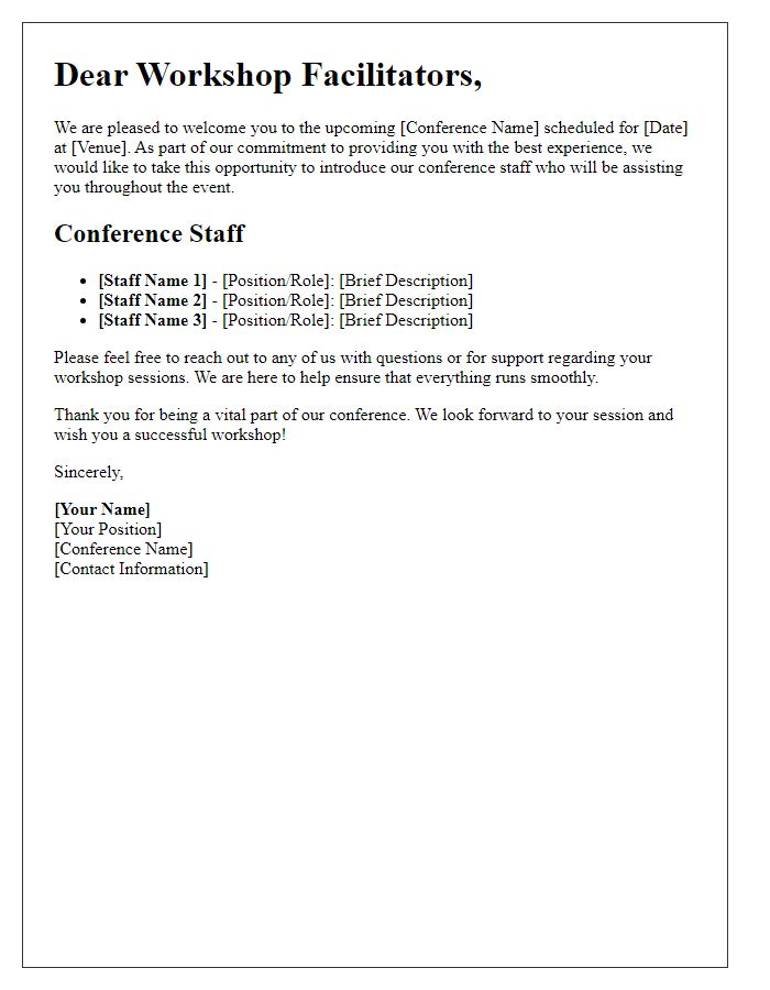 Letter template of Conference Staff Introduction for Workshop Facilitators