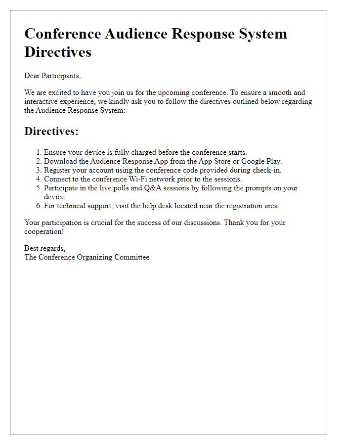 Letter template of conference audience response system directives