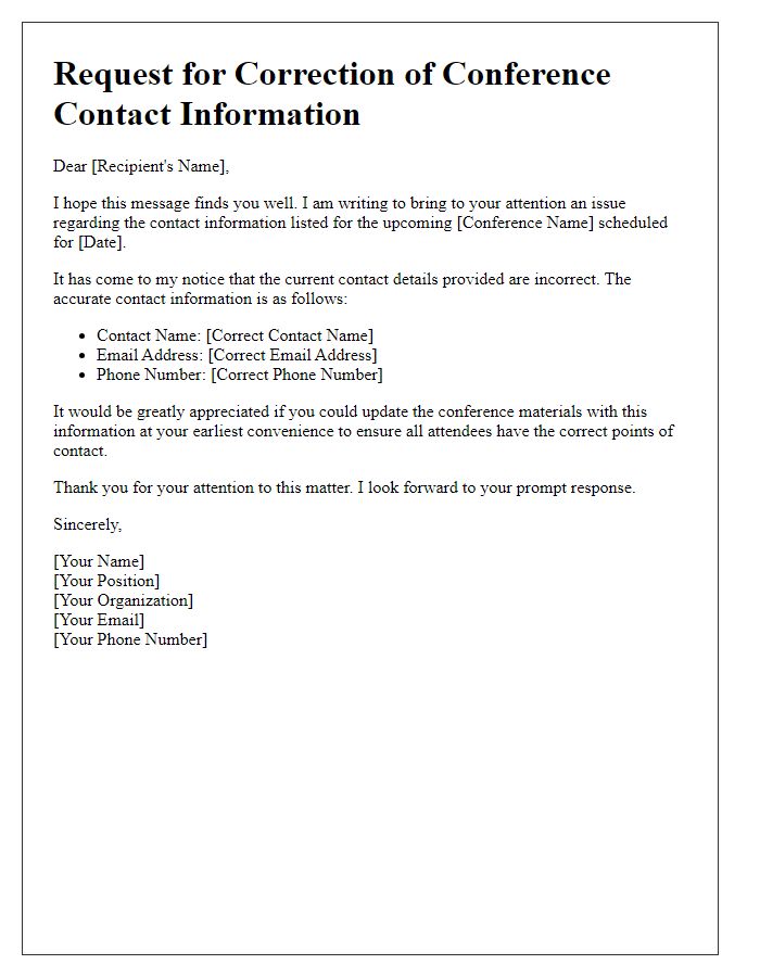 Letter template of need for corrected conference contact information