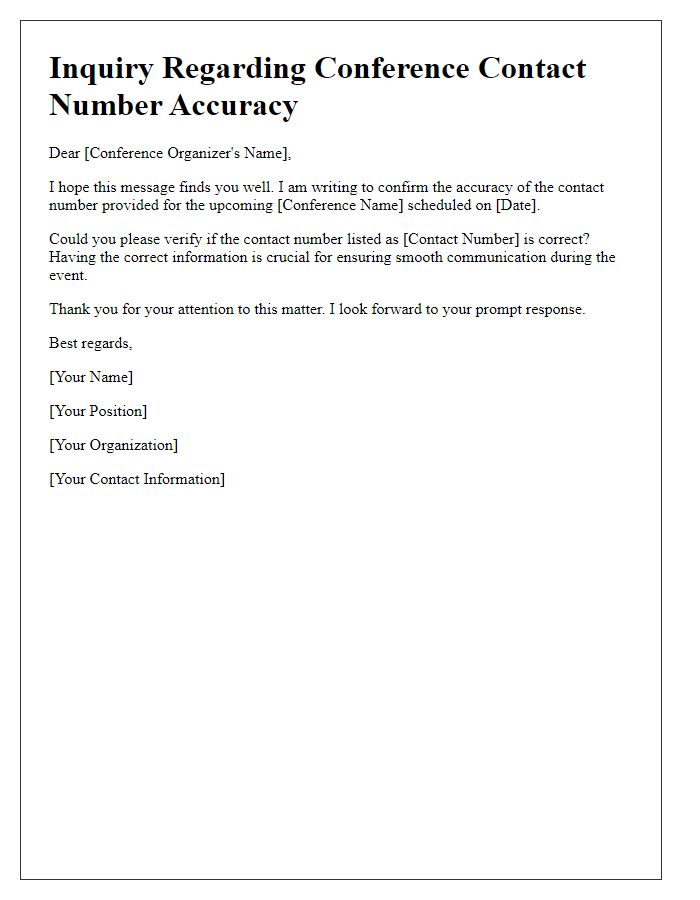 Letter template of question about conference contact number accuracy