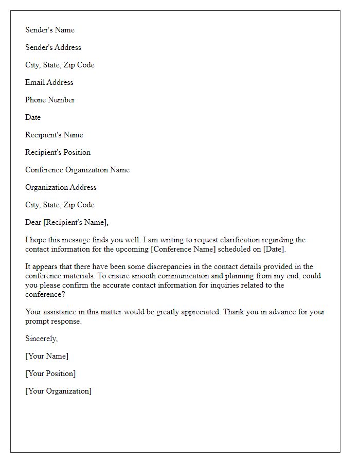 Letter template of request for clarification on conference contact information