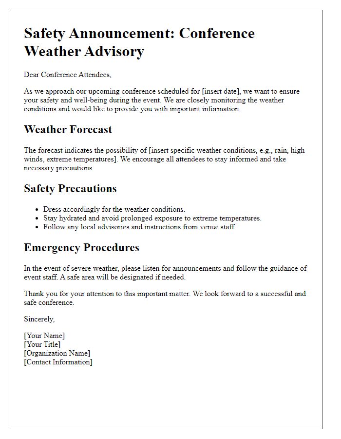 Letter template of safety announcements regarding conference weather.